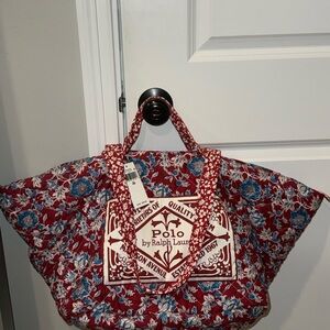 Polo by Ralph Lauren Red Floral Quilted Tote with Blue Accents